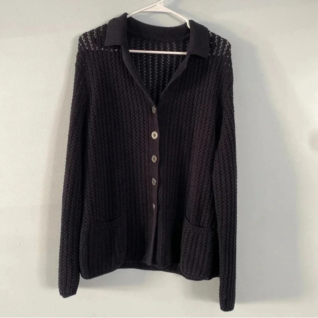 Les Copains Women Cotton Loose Knit Sweater Cardigan Xl Navy Preppy Staple Italy